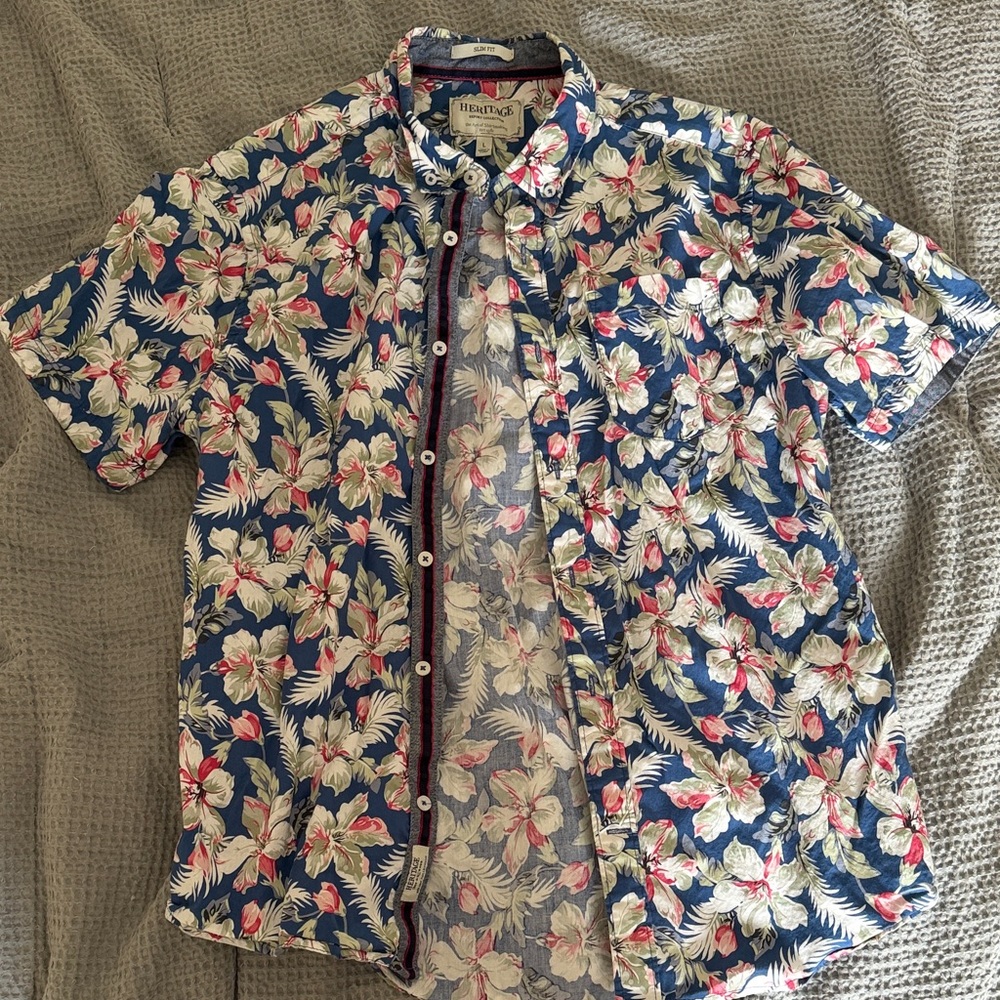 Heritage Tropical Floral Button-Up Shirt - Blue and Pink